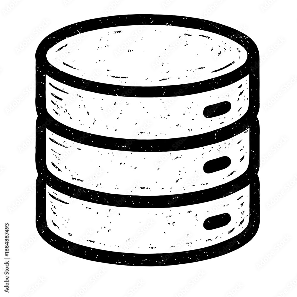 Poster grunge style database icon - hand-drawn black and white vector for data storage and management