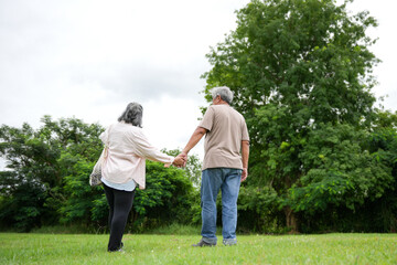 Fototapeta premium Back View of Senior Couple Walking Together in Green Park Outdoors, Elderly Man and Woman Enjoying Nature Walk and Conversation, Retired Couple Spending Leisure Time in Meadow