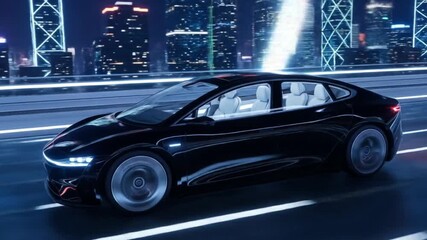 Electric Car Night Drive: Futuristic Sedan Speeds Through Neon Cityscape - Powered by Adobe