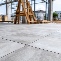 A close-up view of newly laid light gray floor tiles in an unfocused construction site, with wooden elements and windows in the background.