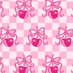 Cherry y2k pattern with pink glossy berries and decorative ribbons on checkerboard background. Retro fruit with lace motif for textile, wallpaper or nostalgic digital design projects.