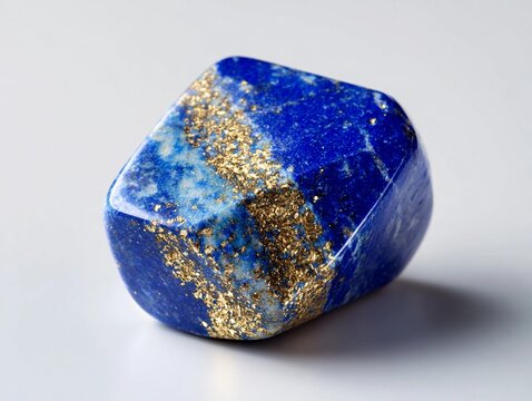 Beautiful lapis lazuli stone with golden flecks displayed on a clean surface under natural light