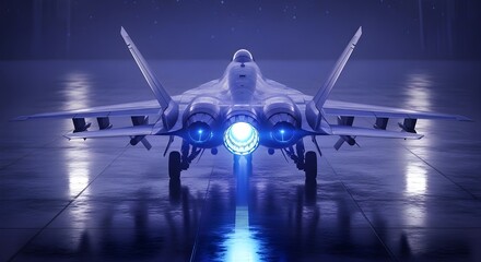 Fototapeta premium Rear view of a modern stealth fighter jet with glowing blue engines on a reflective surface