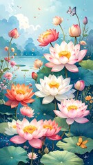 Vibrant lotus flowers in a serene lake landscape