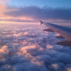 Obraz premium Airplane wing view over cloudscape at sunset blending sky hues