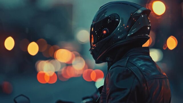 A person wearing a leather jacket and helmet rides a motorcycle on a road