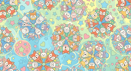 Obraz premium seamless kids cartoon mandala fabric pattern with playful stars and animals