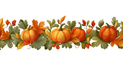 Pumpkins and autumn leaves garland, seamless pattern border isolated on transparent background. Horizontal border for design, decoration, or wallpaper template in the autumn season or halloween.