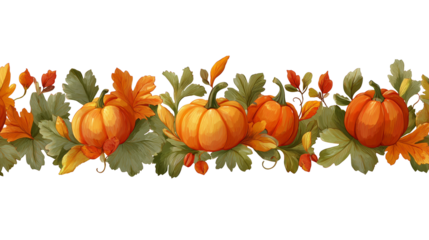 Pumpkins and autumn leaves garland, seamless pattern border isolated on transparent background. Horizontal border for design, decoration, or wallpaper template in the autumn season or halloween.