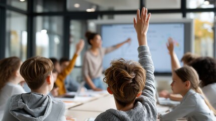 Knowledge Seekers: In a sunlit classroom, students eagerly raise their hands, captivated by a presentation. The teacher guides the lesson. representing intellectual curiosity.