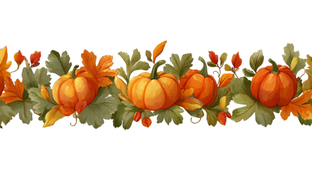 Pumpkins and autumn leaves garland, seamless pattern border isolated on transparent background. Horizontal border for design, decoration, or wallpaper template in the autumn season or halloween.