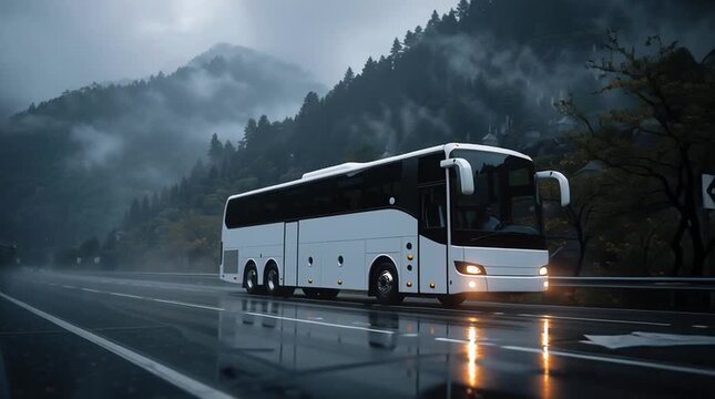 Road Voyager: A modern coach bus cruises down a wet highway, enveloped by a misty ambiance of towering mountain range, evoking a sense of journeys and exploration.
