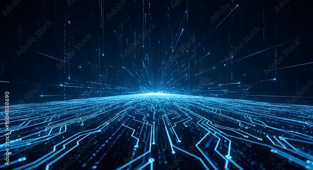 Poster futuristic blue circuit board with glowing lights and data streams in a digital world