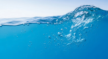 Blue Water Wave with Oxygen Bubbles – Underwater Splash and Texture on White Background