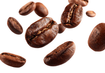 Obraz premium Coffee beans in mid-air. Dark roasted, whole beans scattered