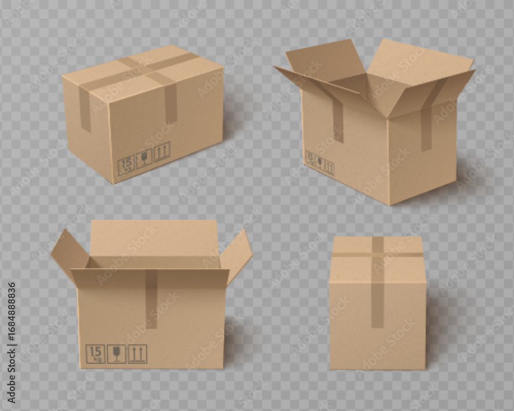 Poster cardboard box packages with top open closed flaps, shipping containers and fragile marking symbols f