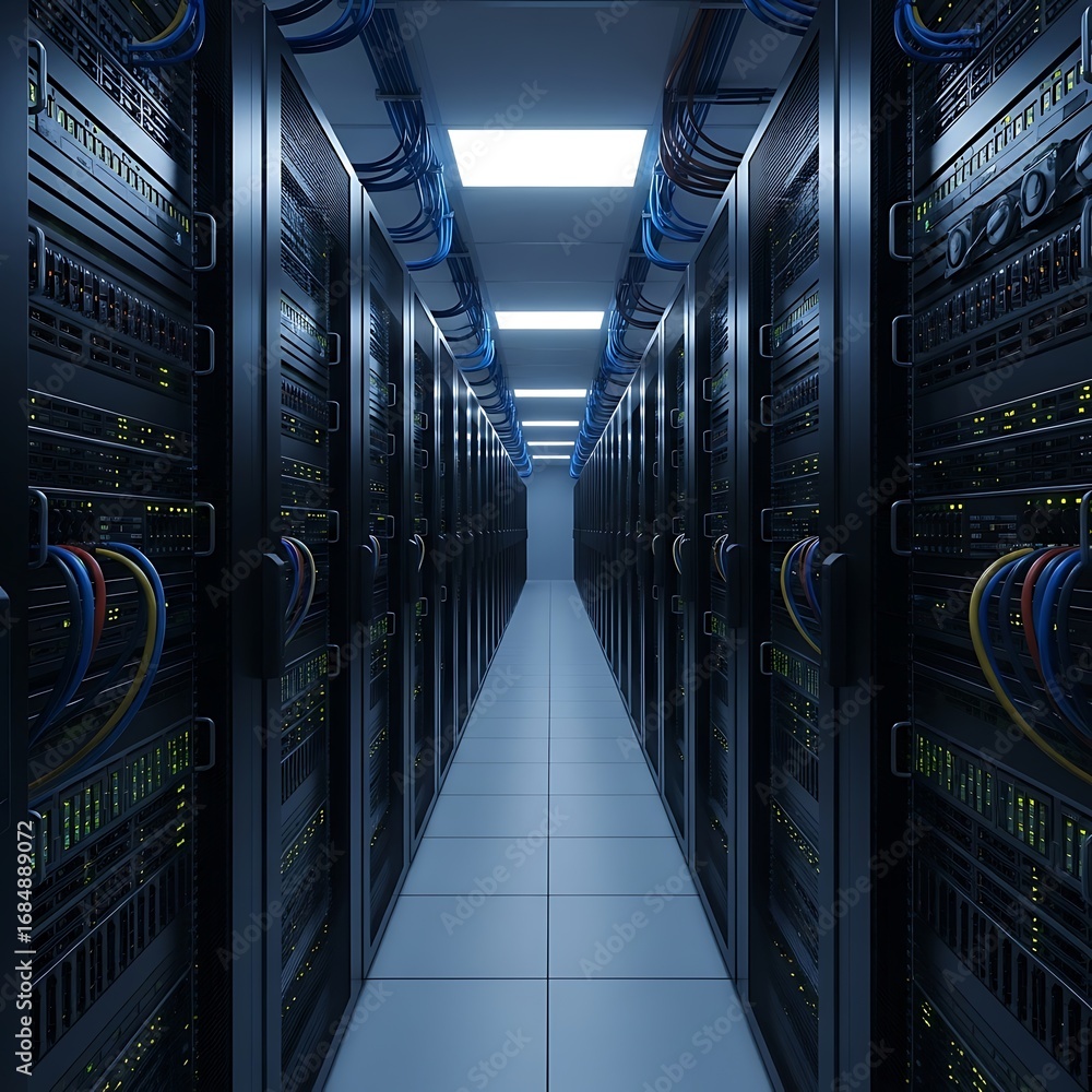 Poster server room with rows of computer racks and cables in a data center environment