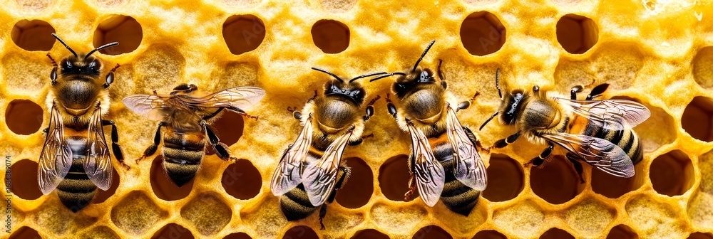 Poster close-up of busy honeybees working together to create a beautiful honeycomb structure in nature