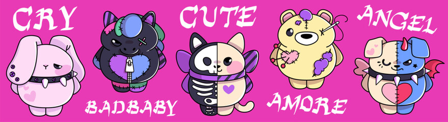 Fototapeta na wymiar Alternative goth teddy characters with stitches, split designs and emotional text - bunny and cat, bear and dog, unicorn figures with punk aesthetics on pink. Kawaii horror mascots for edgy subculture