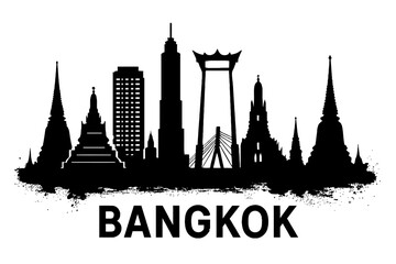 Abstract Black and White Bangkok Thailand Skyline Vector Illustration with a Grunge Texture and Key Landmarks