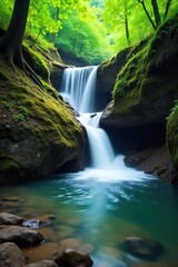 Fototapeta premium Serene cascading waterfall flowing into a tranquil creek, surrounded by lush green foliage and mossy rocks Perfect for nature, travel, and relaxation themes , picturesque, cascade
