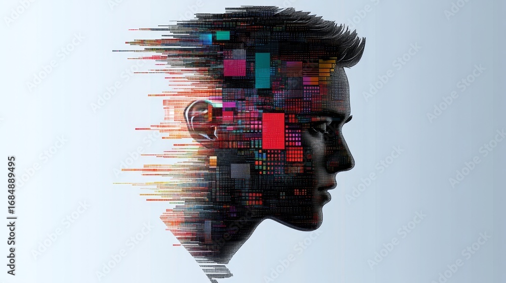 Poster futuristic data-driven human identity with colorful fragmented profile view in digital era