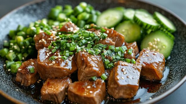 Savor the delightful presentation of tender beef marinated in a rich sauce, garnished with freshly chopped herbs and paired with cool cucumber slices, offering a perfect balance of flavors.
