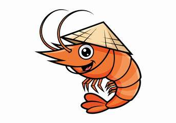 Fototapeta premium Cheerful shrimp character wearing traditional Asian hat, shows happiness. Cheerful shrimp is cute and animated, making shrimp a perfect choice for seafood promotions and illustrations.