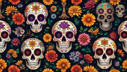 Vibrant Display of Colorful Skulls Surrounded by Beautiful Floral Arrangements and Life