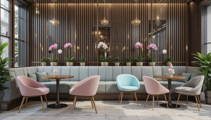 Modern cafe interior with elegant seating features pastel colored chairs and wooden tables. space is adorned with potted plants and orchids, creating serene and inviting atmosphere