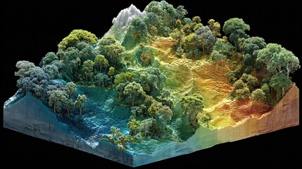Vibrant, lush forest ecosystem showcased on a detailed topographical map, illustrating diverse terrain and natural beauty for environmental awareness
