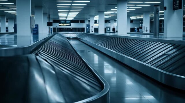 Empty luggage carousel at the airport arrival terminal, travel and transport concept, baggage claim area.