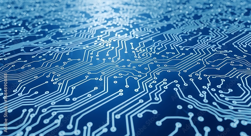 Poster close up shot of a blue circuit board with intricate patterns and connections