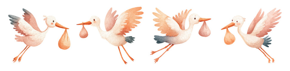 Watercolor set of storks carrying a package. Cute cartoon storks in flight carrying a package in their beak. Cute cliparts for baby shower, baby shower, pregnancy announcement. Vector illustration.