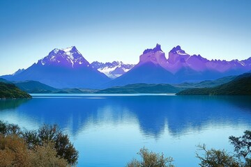Breathtaking Mountain Landscape with Serene Lake and Lush Greenery Under a Bright Blue Sky