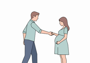 Fototapeta premium Expectant parents holding hands, man supporting pregnant woman, gentle support during pregnancy. Pregnancy journey illustration depicts loving couple, husband assisting wife.