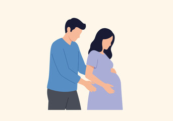 Supportive man gently holding pregnant woman's belly. Expectant parents embrace during pregnancy.  Tender moment image perfect for pregnancy announcements, healthcare brochures, or family blogs.