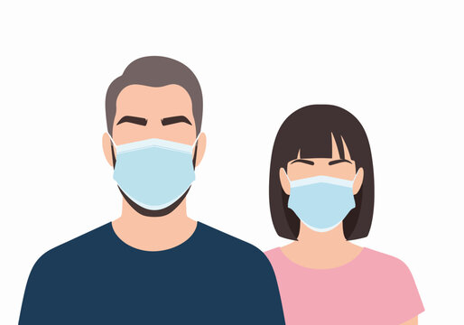 Couple wearing protective face masks during quarantine period. Man and woman in medical masks, practicing social distancing and safety measures.