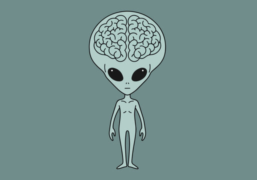 Minimalist alien illustration with large brain. This simple alien design features a grey extraterrestrial being with prominent brain.  Minimalist alien image perfect for science fiction,