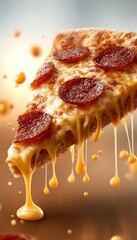 Delicious and Appetizing Pepperoni Pizza Slice with Crispy Golden Crust and Melted Cheese Drips