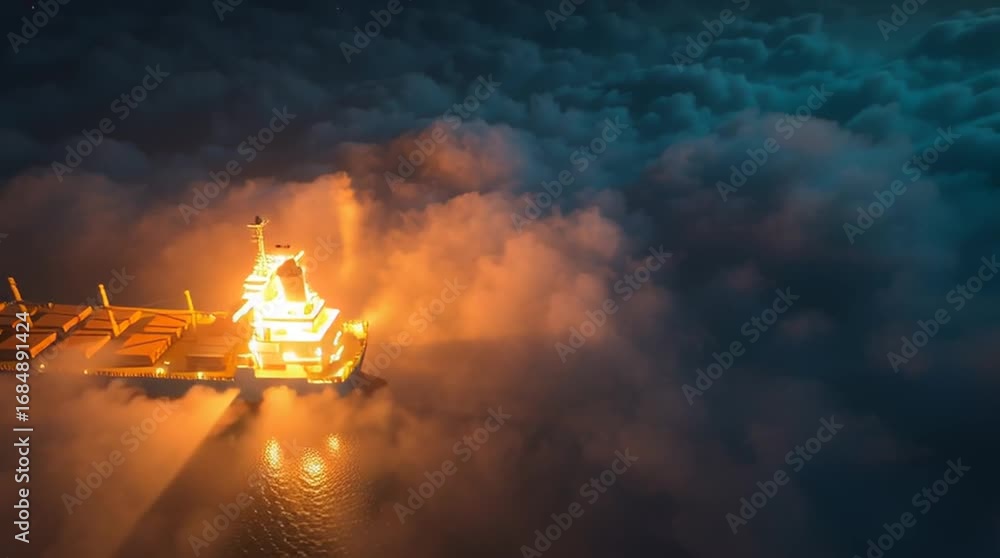 Poster navigating the mist: a cargo ship cuts through the sea of mist, its illuminated form gleaming in the
