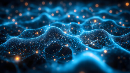 Futuristic waves of glowing blue networks and sparkling particles illuminate a digital universe.