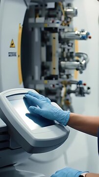 Skilled Radiation Therapists Precisely Manipulate a Linear Accelerators Control Panel:  High-Definition Footage of the Massive Machines Precise Positioning During Treatment