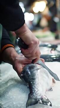 Expert Fishmongers Dexterous Hands Fillet Fresh Whole Fish on a Bed of Sparkling Ice Using a Long, Flexible Filleting Knife:  High-Definition Stock Footage of Seafood Preparation