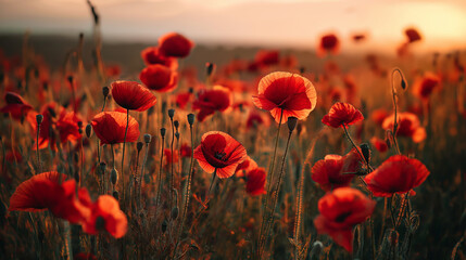 Vivid red poppies swaying in the wind across a vast field at sunset, with golden light casting a warm glow over the entire area.