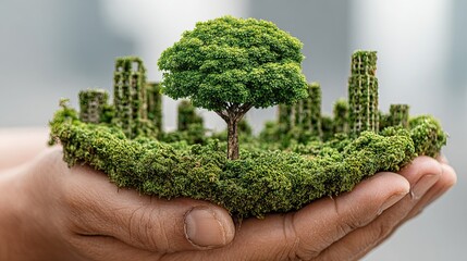 Nurturing a sustainable urban future, this miniature eco-city model held in hands symbolizes green growth and environmental responsibility.