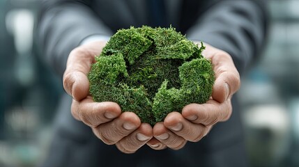 Man in suit holding lush green moss shaped like recycling symbol, symbolizing environmental responsibility and eco-friendly business.