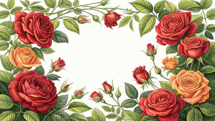 Romantic Floral Border with Red Roses