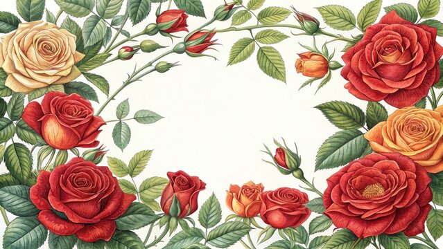 Romantic Floral Border with Red Roses 

