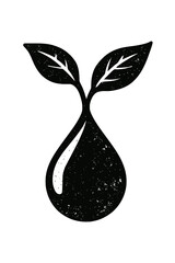 Vintage Style Plant Sprout Vector Graphic. Black and White Illustration of a Water Drop with Leaves for Environment and Sustainability.